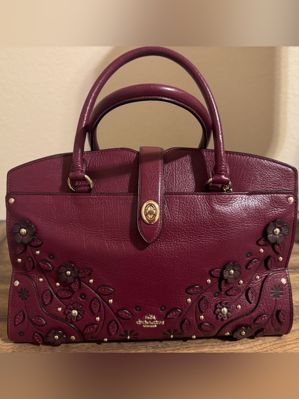 Coach Willow Floral Mercer Leather Appliqué Satchel in Burgundy, Oxblood, EUC